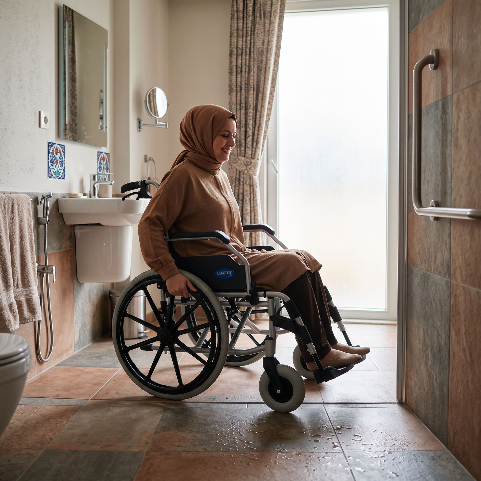 Tekerlekli sandalye kullanan bir kişi için duş alanı, tutunma barı ve kaymaz zeminle düzenlenmiş erişilebilir banyo