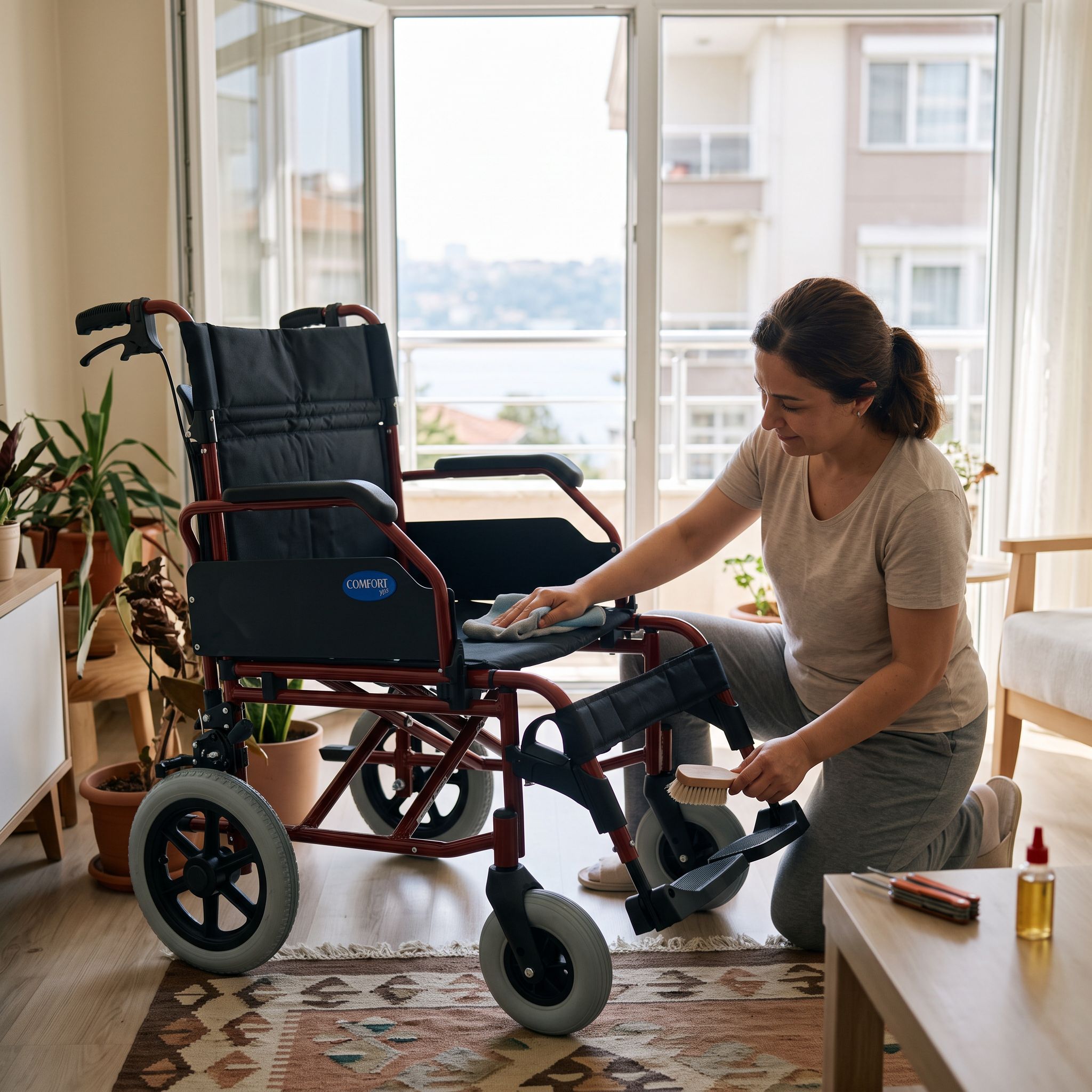 Evde tekerlekli sandalye bakımı yapan bir kişi ve sandalye kullanıcısı