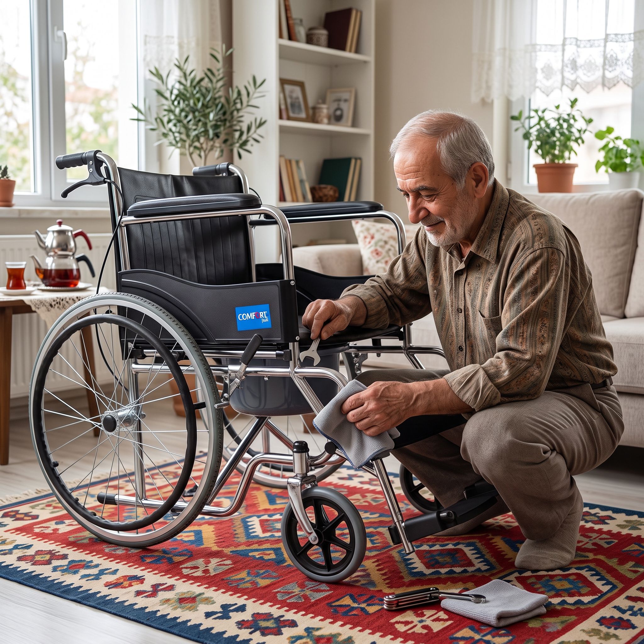 Bir kişinin manuel tekerlekli sandalyenin tekerlek ve fren kontrollerini yaptığı bakım anı