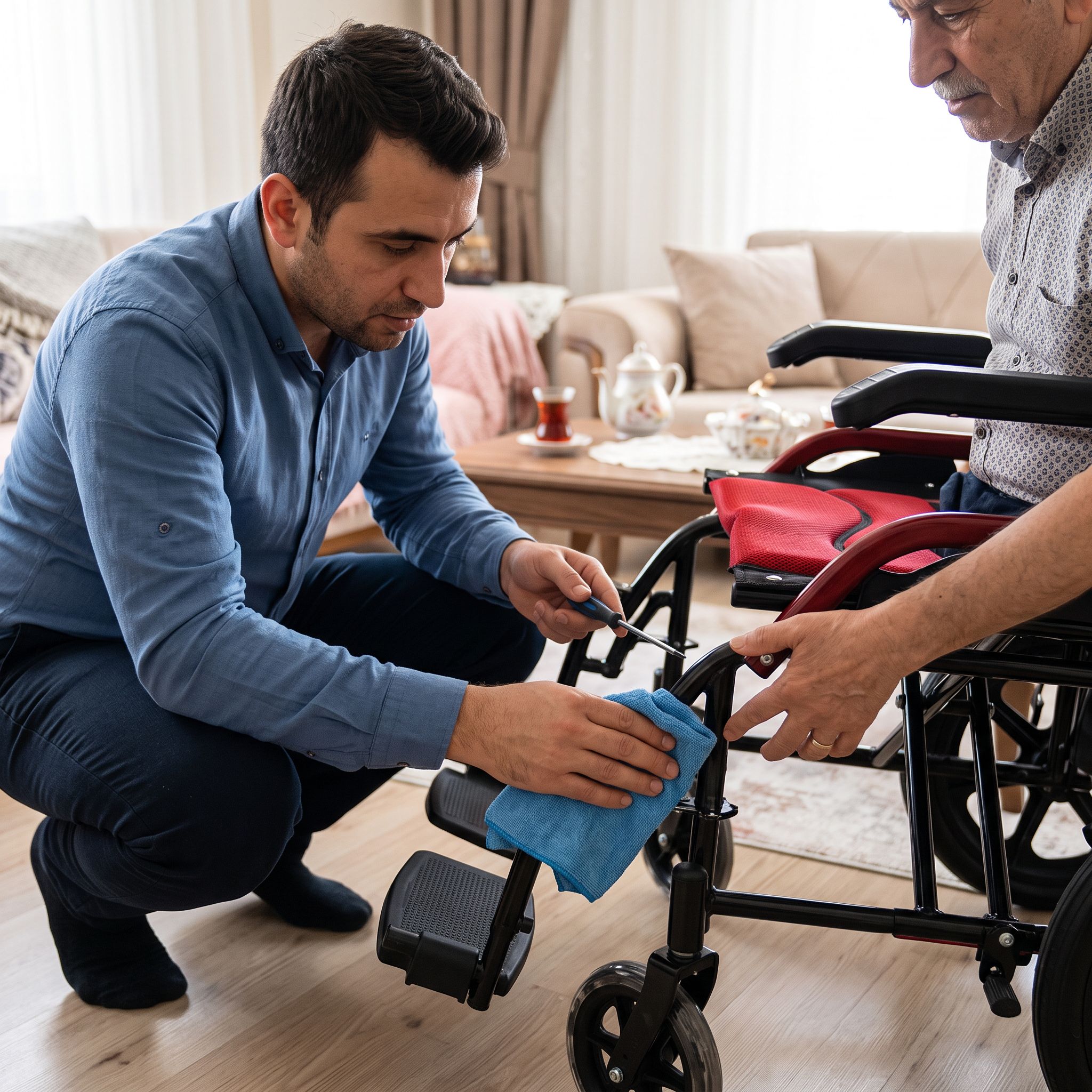 Katlanır tekerlekli sandalye mekanizma bakımı yapan bir kişi ve sandalye eklem noktası
