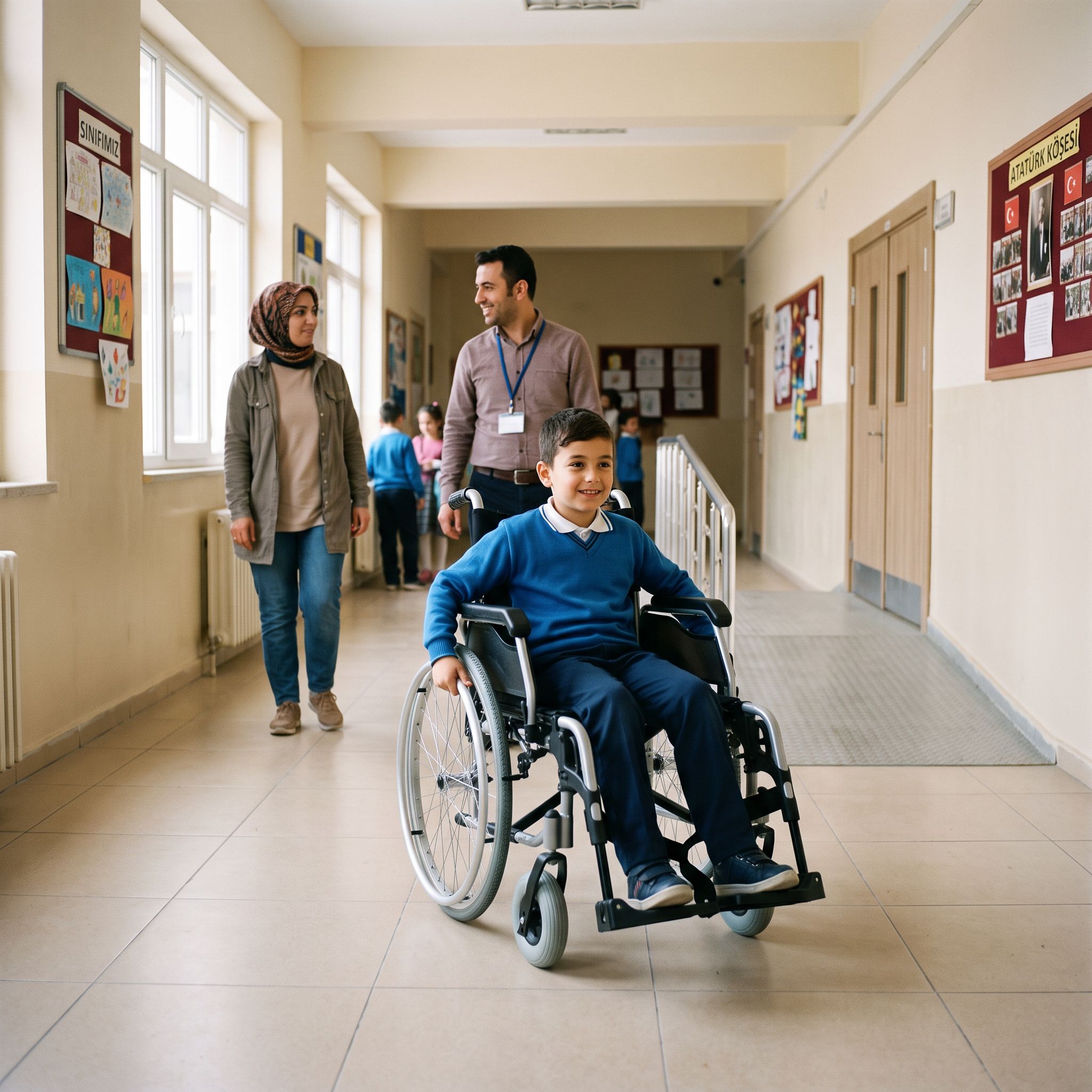 Okul koridorunda çocuk tekerlekli sandalyesi kullanan bir çocuk ve yanında destek veren yetişkinler