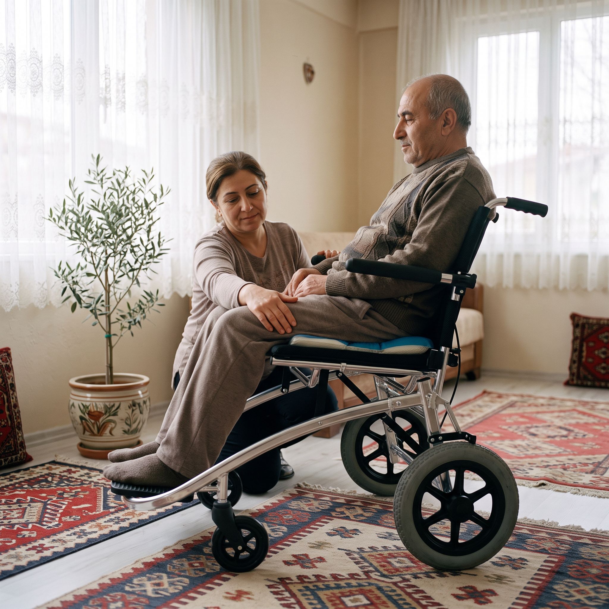 Sırt yatar tekerlekli sandalyede oturan bir kişinin cilt ve pozisyon kontrolü yapılırken görünümü