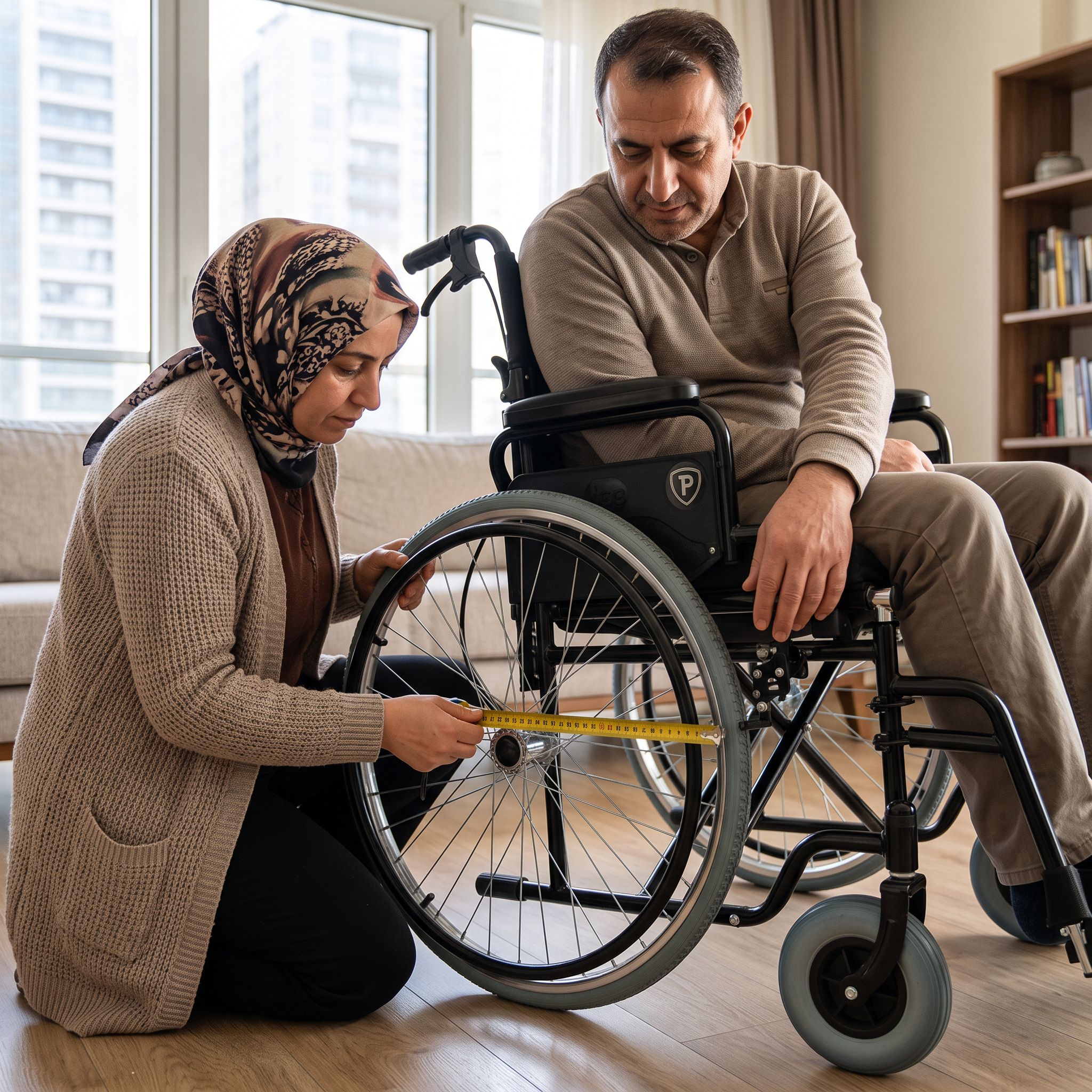 Tekerlekli sandalyede teker ölçüsü mezura ile ölçülürken gösteren gerçekçi sahne