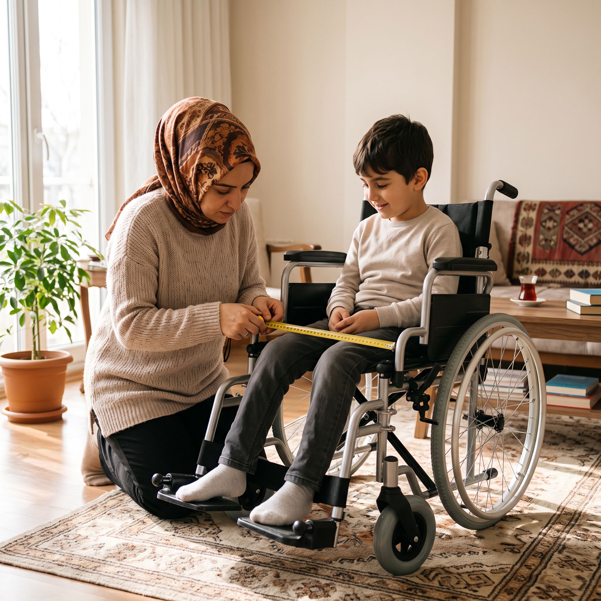 Bir ebeveynin çocuk tekerlekli sandalyesinde oturma ölçüsü aldığı gerçekçi sahne
