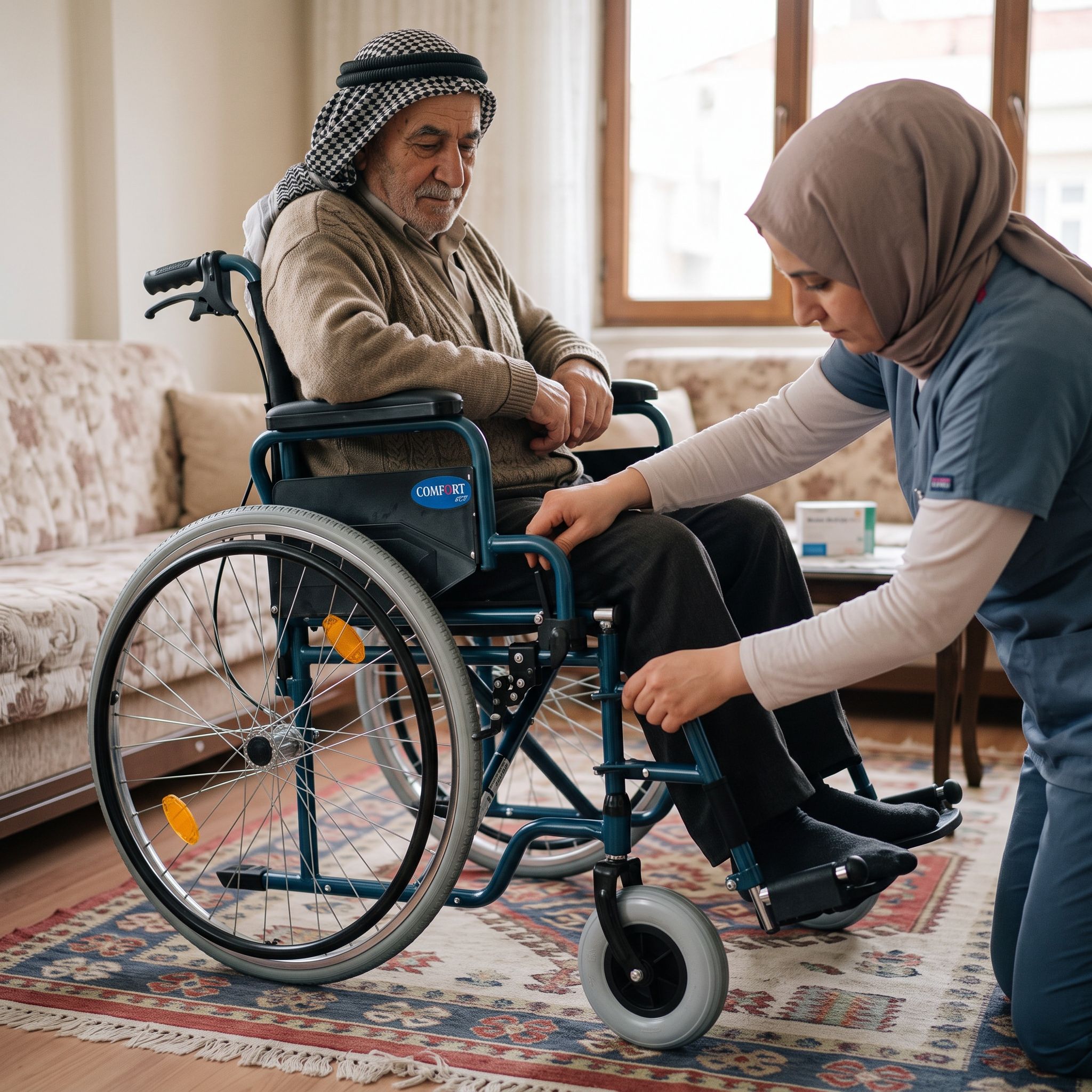 Ev ortamında sırt yatar tekerlekli sandalye mekanizma, ayaklık ve fren kontrolleri yapan bir bakım sahnesi