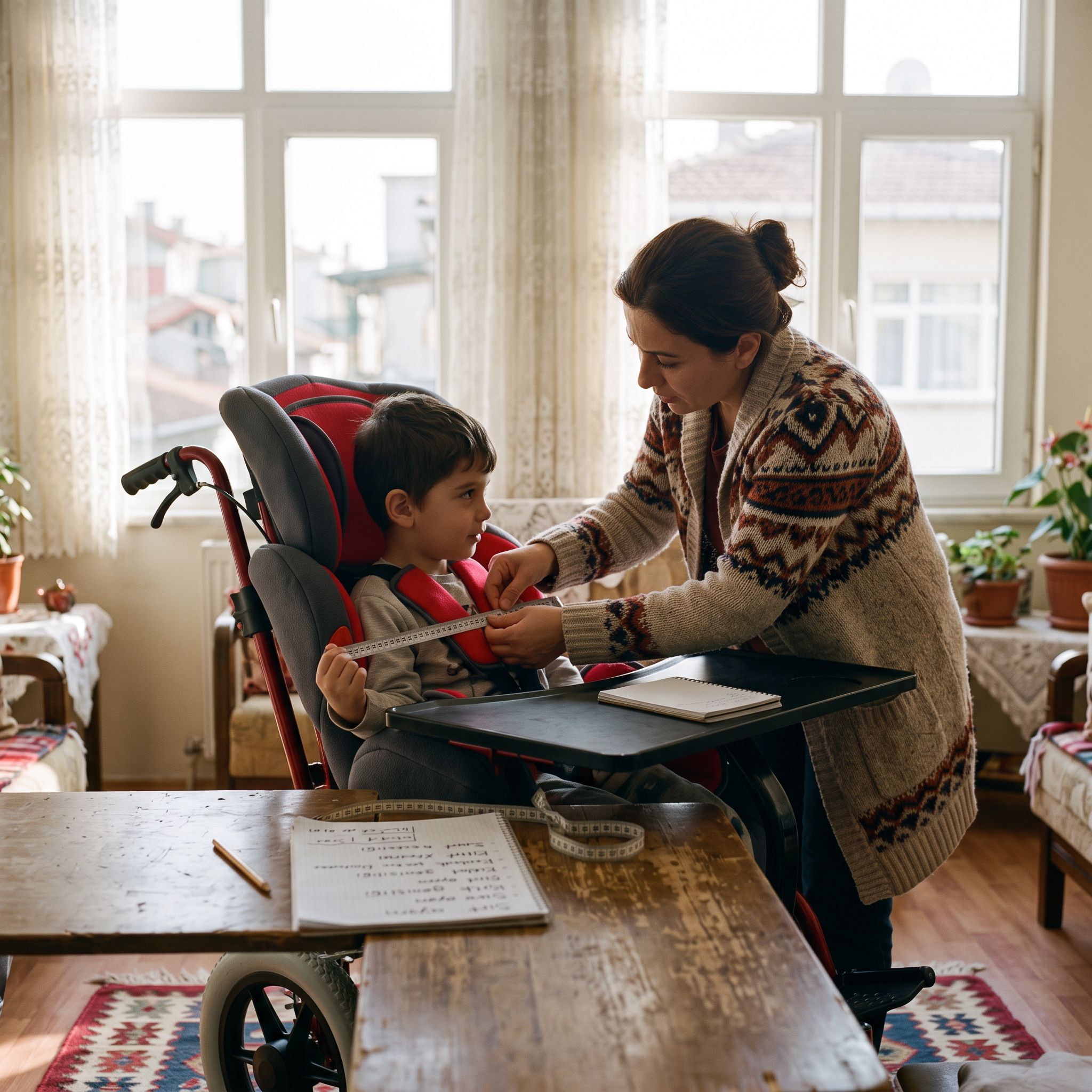 Aile, çocuk tekerlekli sandalyesi seçerken ölçü ve postür desteğini birlikte değerlendiriyor.