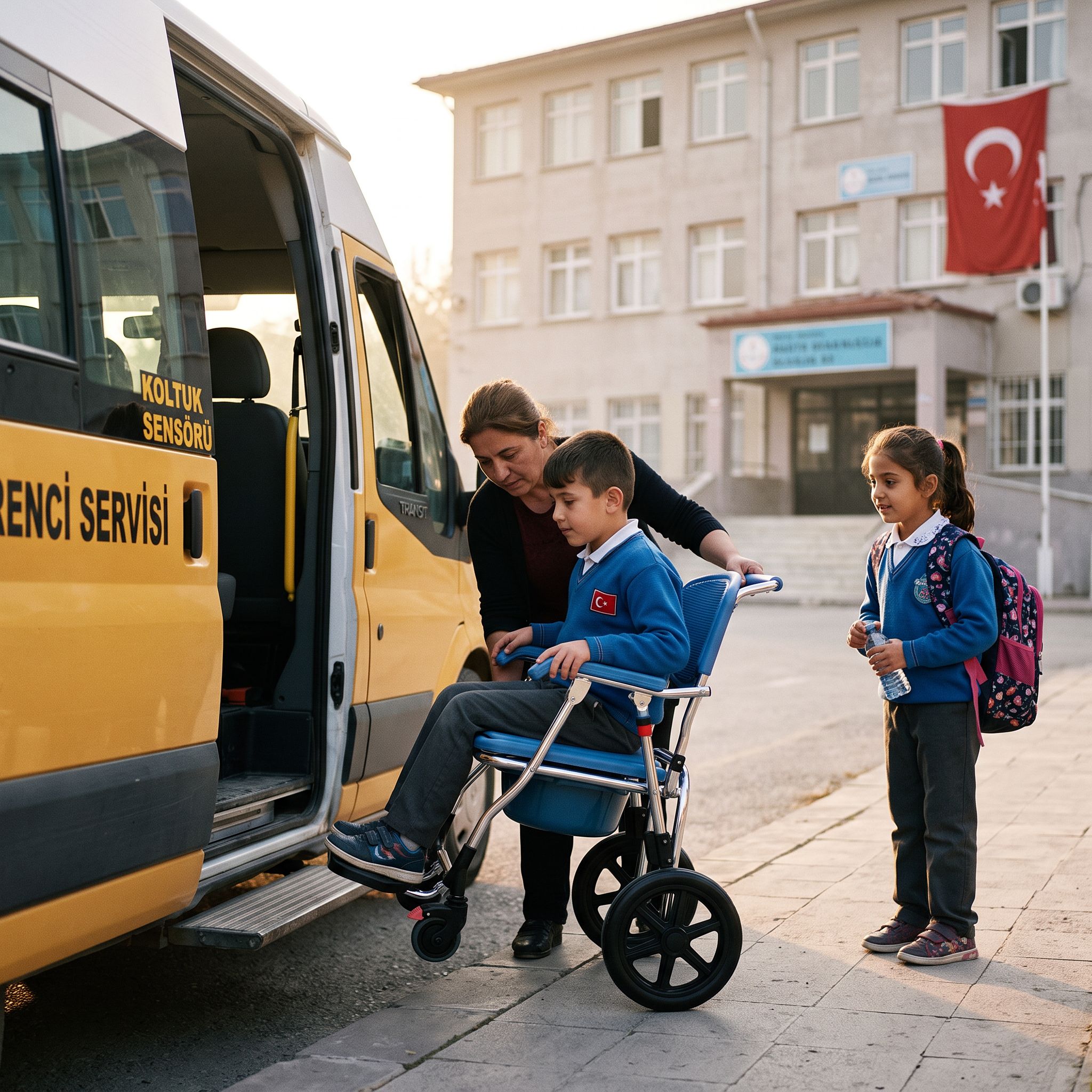 Okula giderken servis önünde çocuk tekerlekli sandalyesi kullanan bir öğrenci