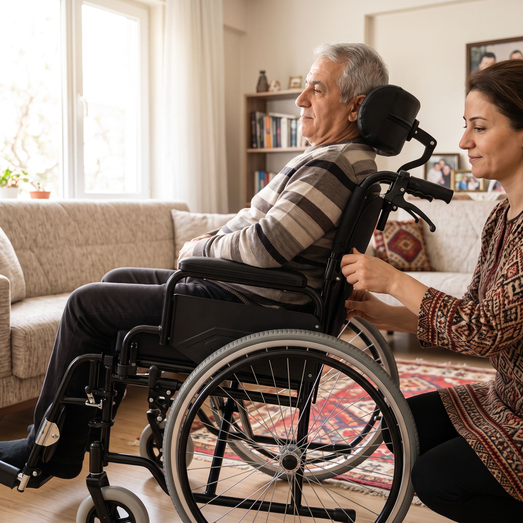 Ev ortamında sırt yatar tekerlekli sandalye ayarı yapan bir bakım veren