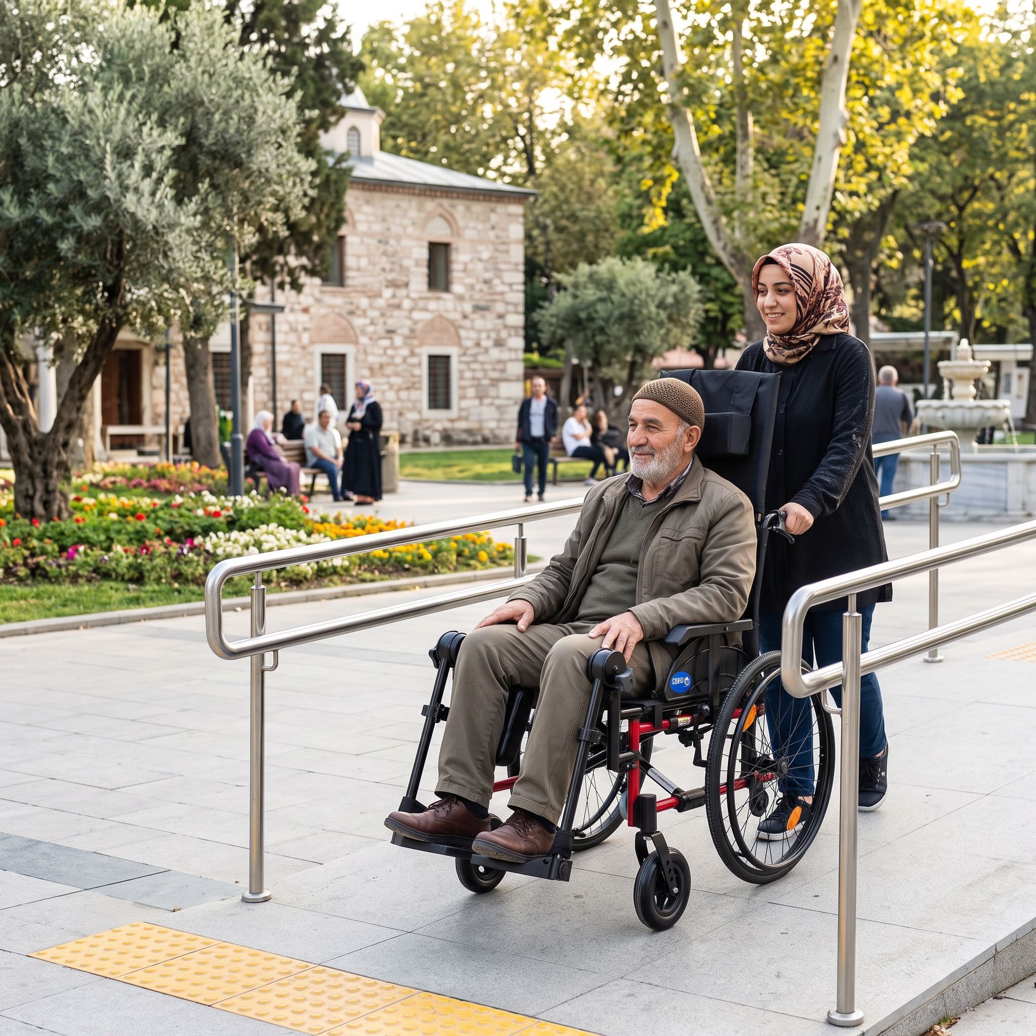 Rampada tekerlekli sandalye ile güvenli şekilde inen ve çıkan kullanıcı