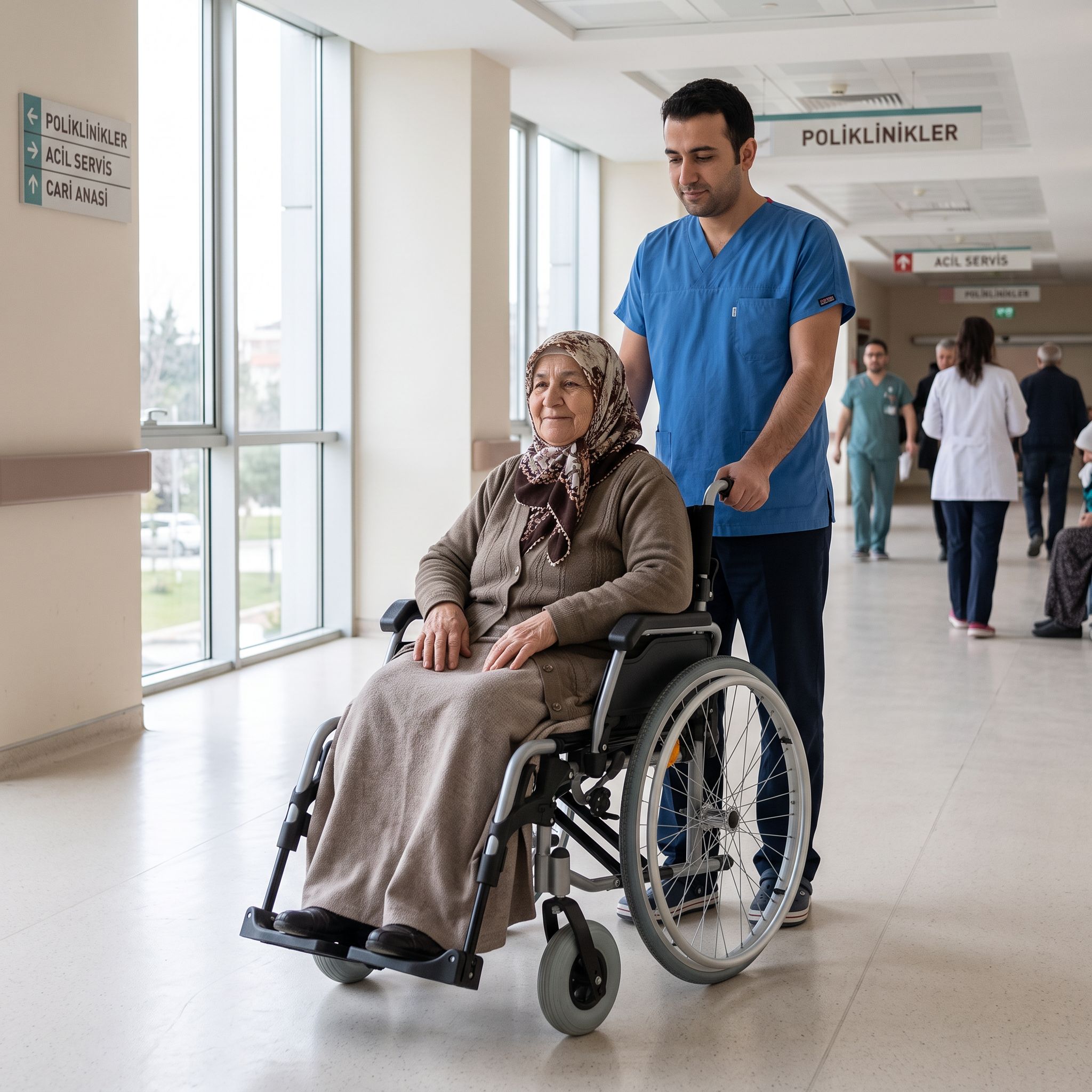Refakatçinin tekerlekli sandalyeyi güvenli şekilde ittiği gerçekçi bir sahne