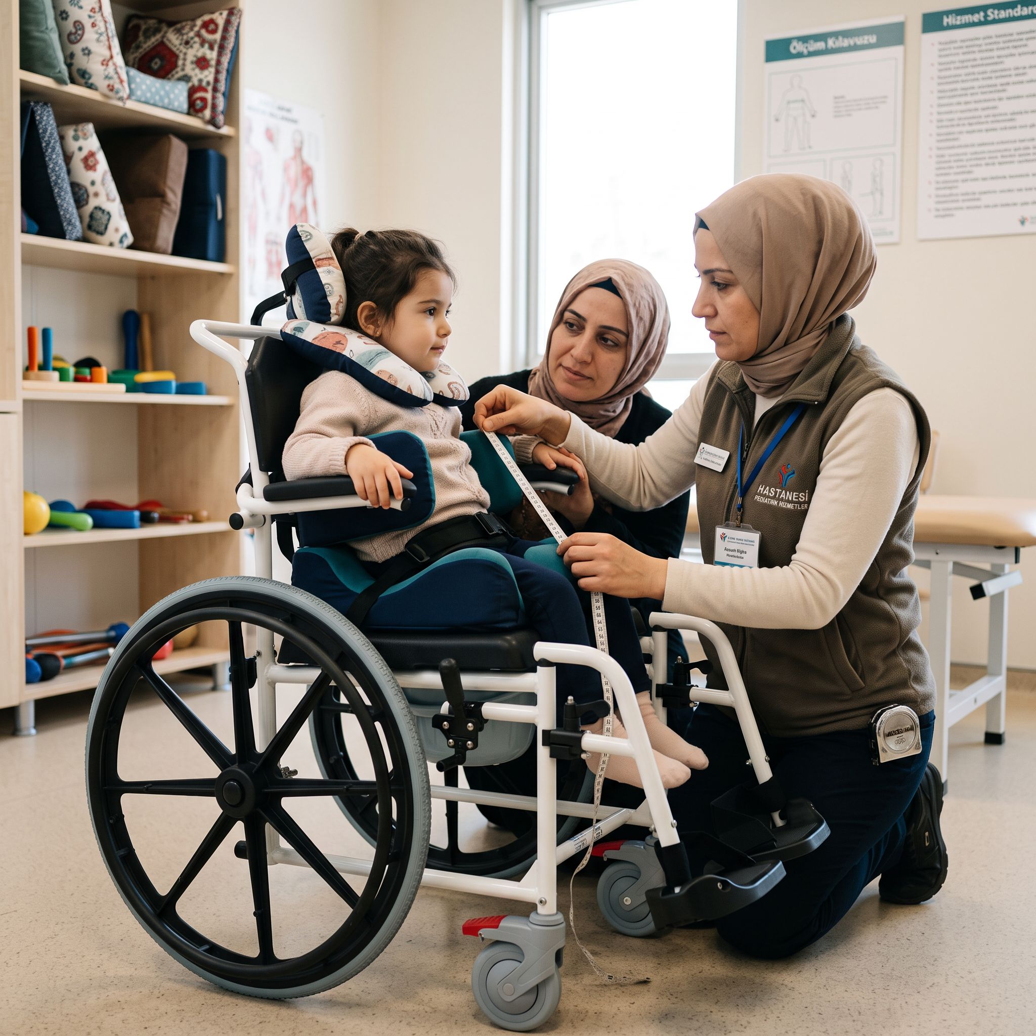 Çocuk tekerlekli sandalyesi ölçümü yapılan klinik ortamı