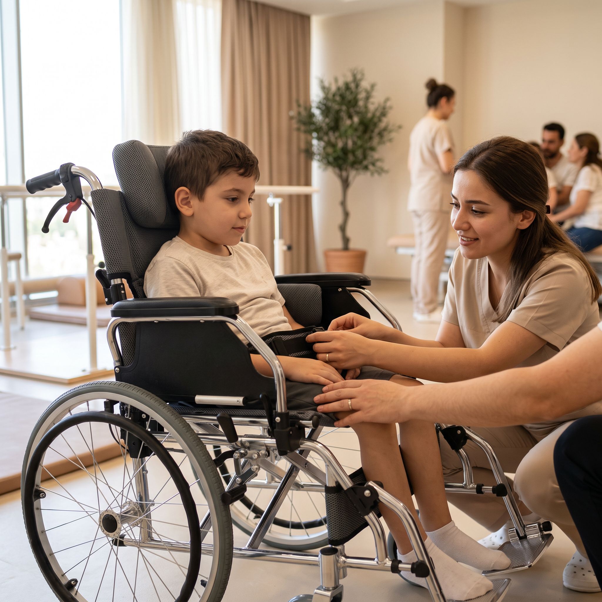 Rehabilitasyon ortamında destek sistemleri ayarlanan spastik tekerlekli sandalye