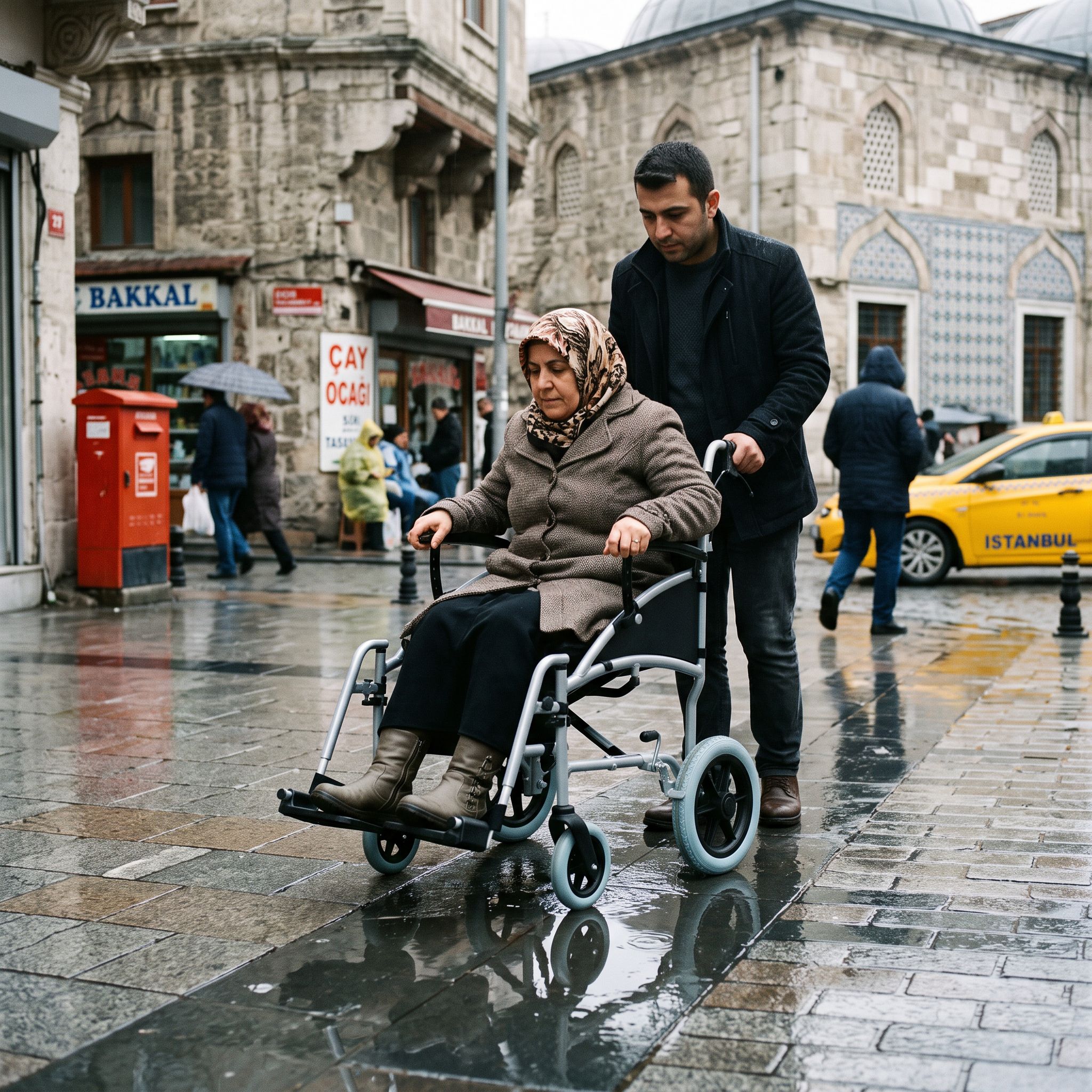 Yağmur sonrası ıslak zeminde tekerlekli sandalye kullanan bir kişi ve refakatçisi