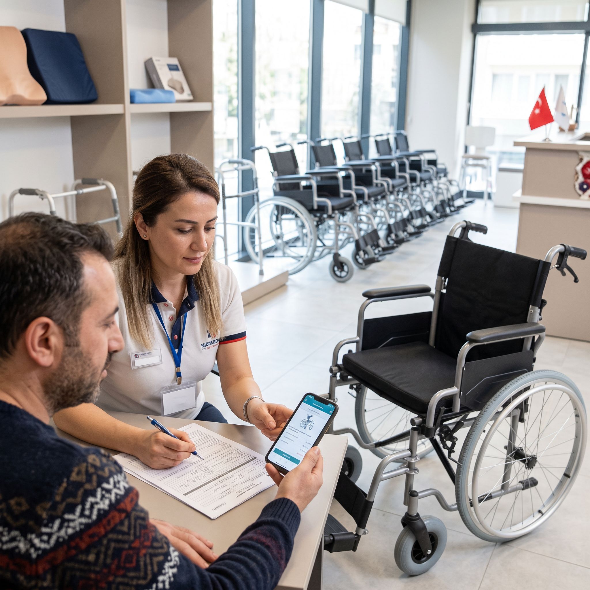 SGK tekerlekli sandalye ödeme tutarını kontrol eden bir aile ve medikal danışman
