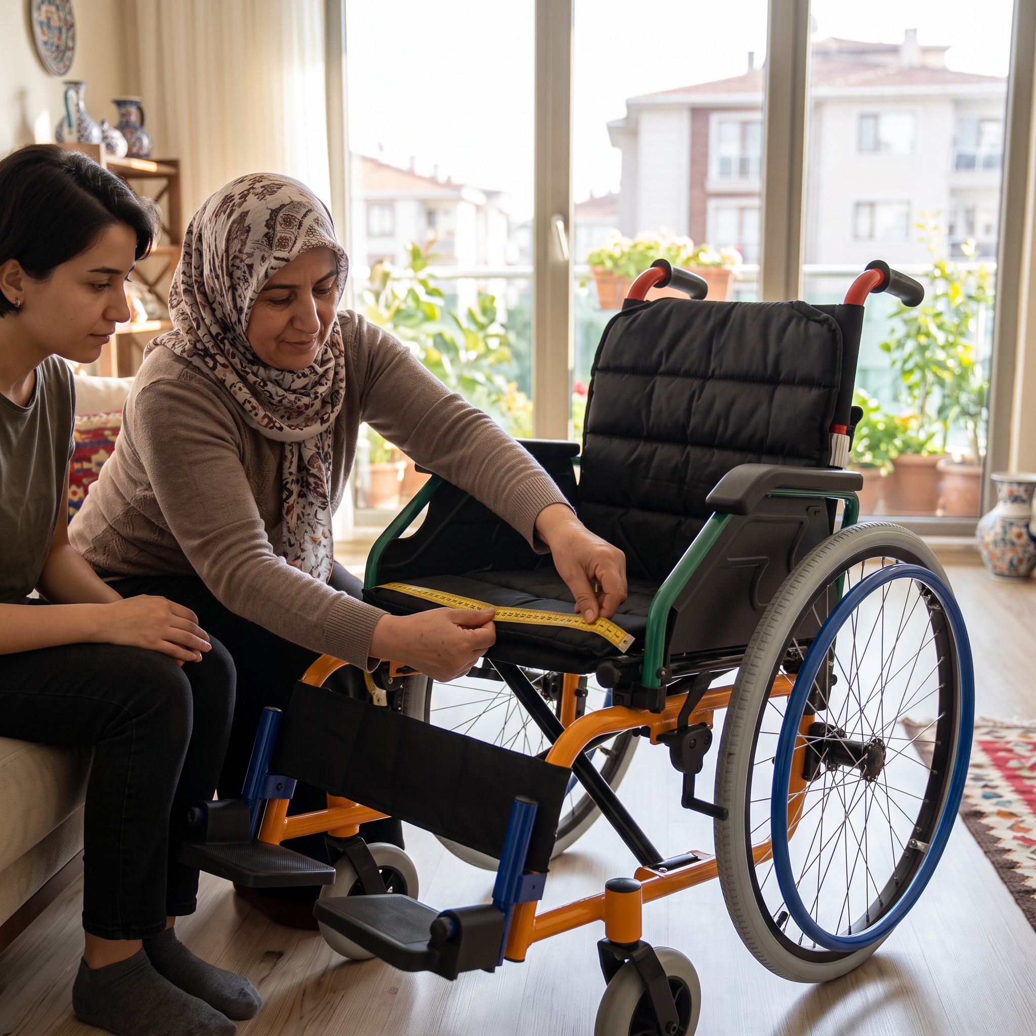 Ev içinde mezura ile tekerlekli sandalye ölçüsü alan bir kişi
