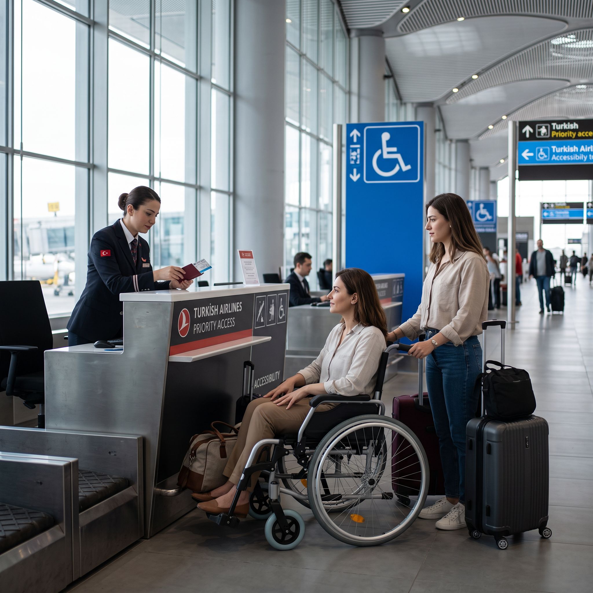 Havalimanında tekerlekli sandalye kullanan yolcunun uçuş öncesi check-in işlemi