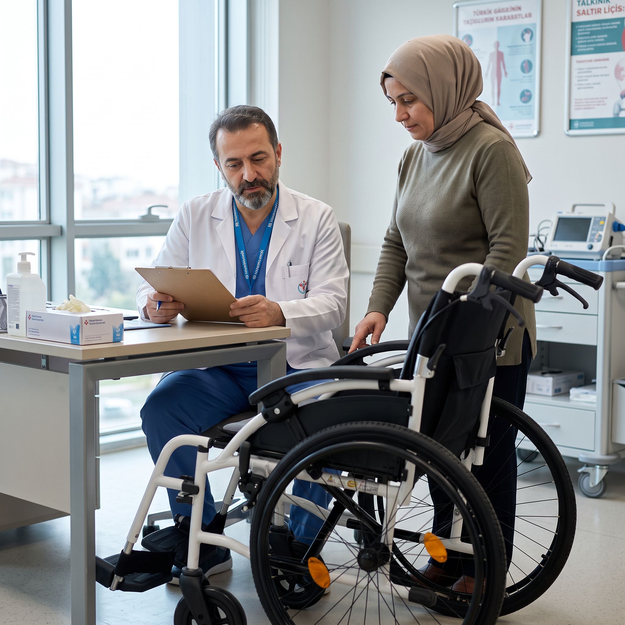 Doktorun rapor inceleyip bakım verenle görüştüğü, sırt yatar tekerlekli sandalye kullanılan gerçekçi bir klinik sahne