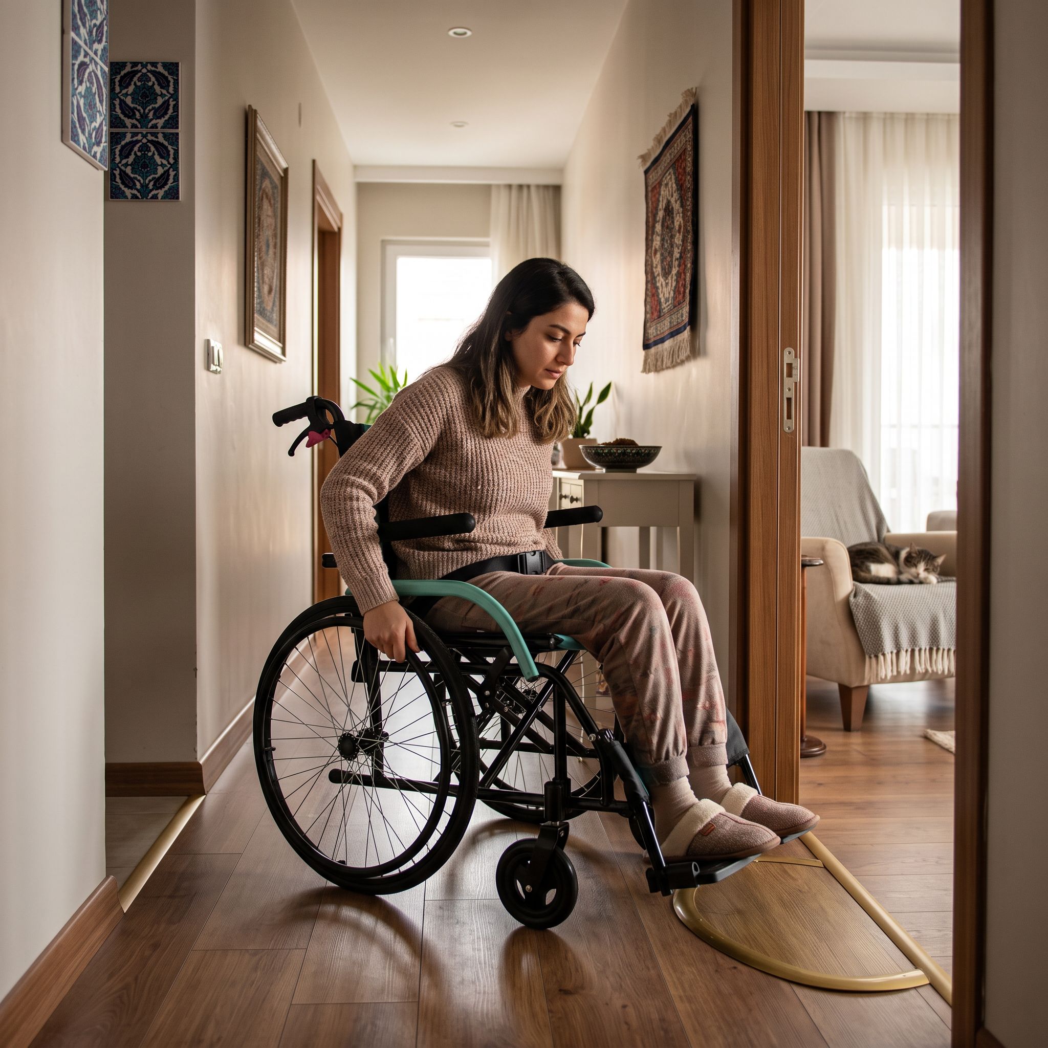 Ev içinde kapı eşiğinden güvenli geçen tekerlekli sandalye kullanıcısı