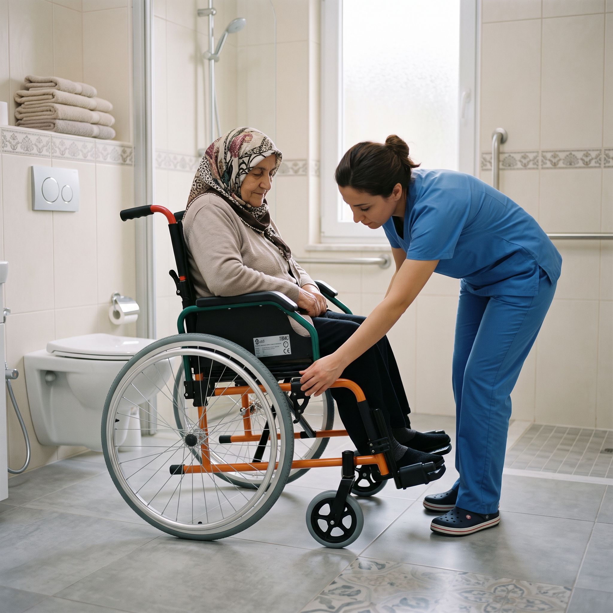 Ev banyosunda güvenli kullanım için seçilmiş banyo tekerlekli sandalyesi