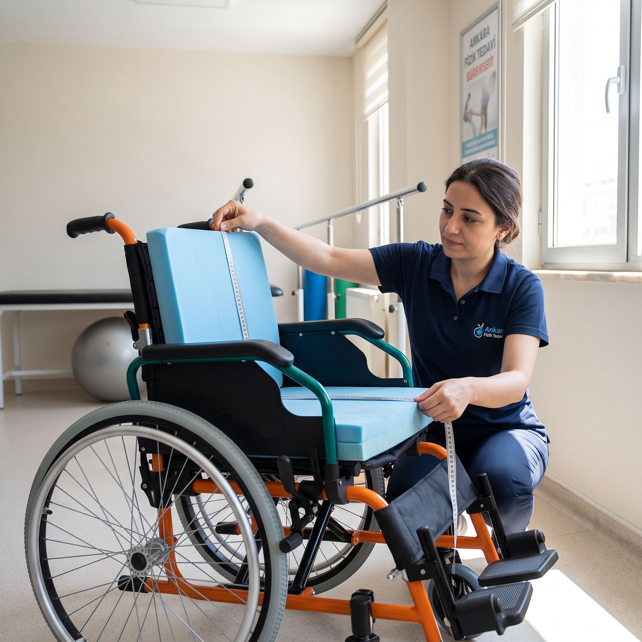 Bir uzmanın spastik tekerlekli sandalye ölçüsü alırken destekleri kontrol ettiği gerçekçi klinik sahne