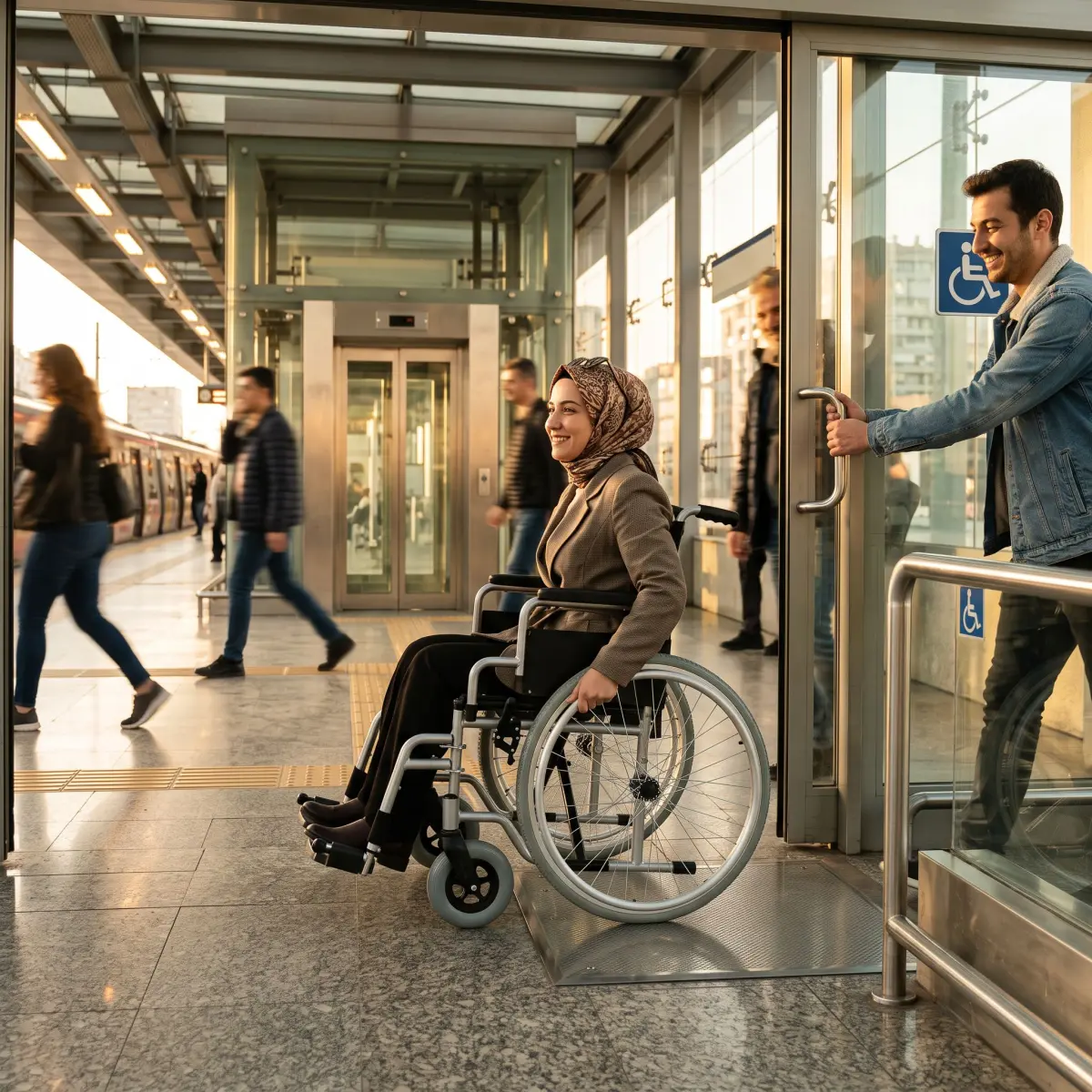 Metro istasyonunda asansör ve yönlendirme ile tekerlekli sandalye kullanımı