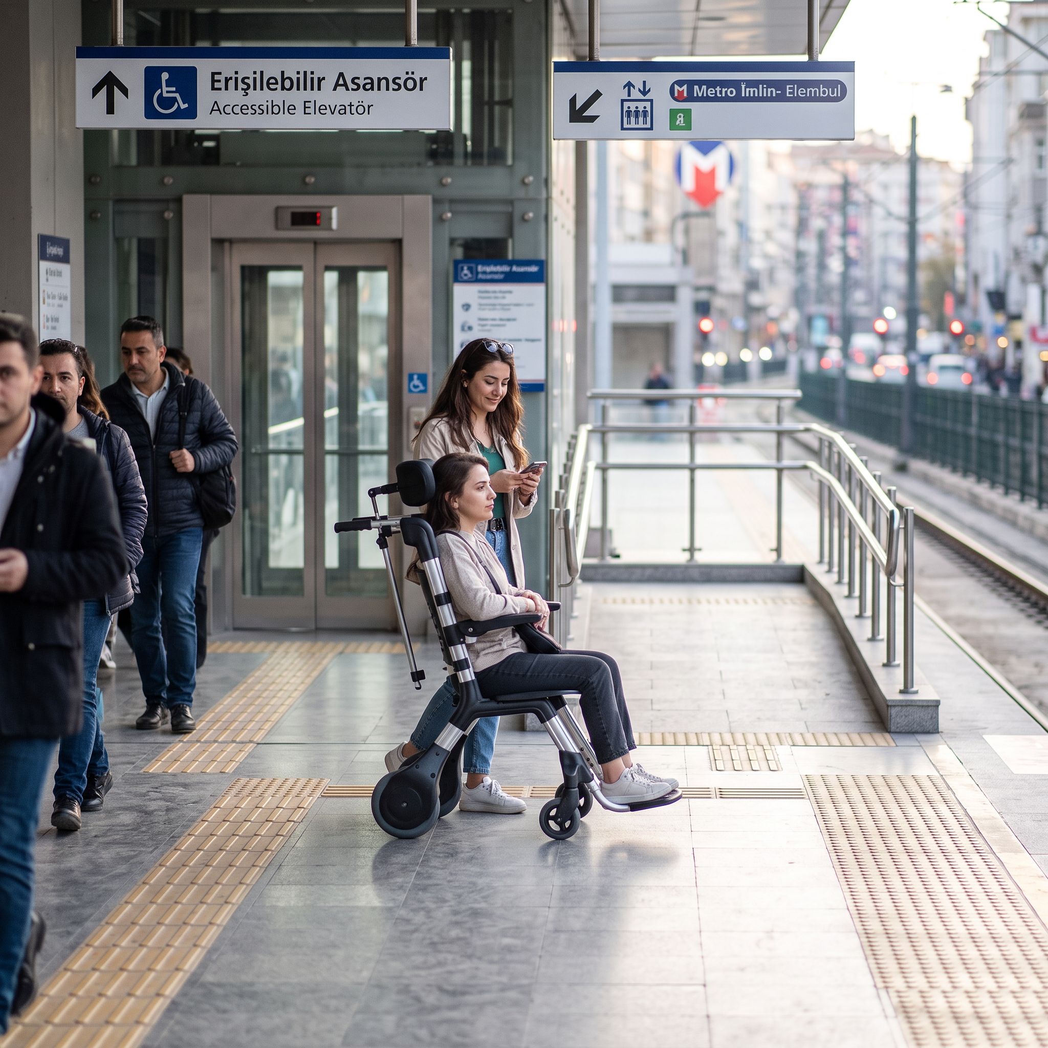 Rampa ve asansör bulunan bir metro istasyonunda tekerlekli sandalye kullanan kişinin toplu taşıma erişimi