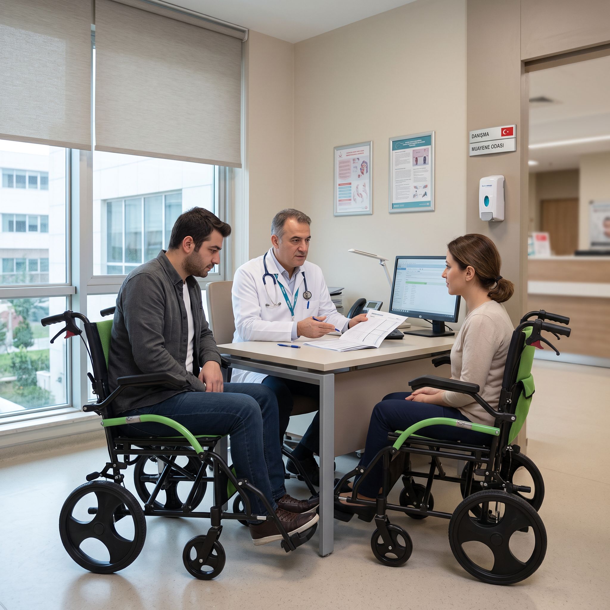 Sağlık kurulu raporu için doktorla görüşen tekerlekli sandalye kullanıcısı
