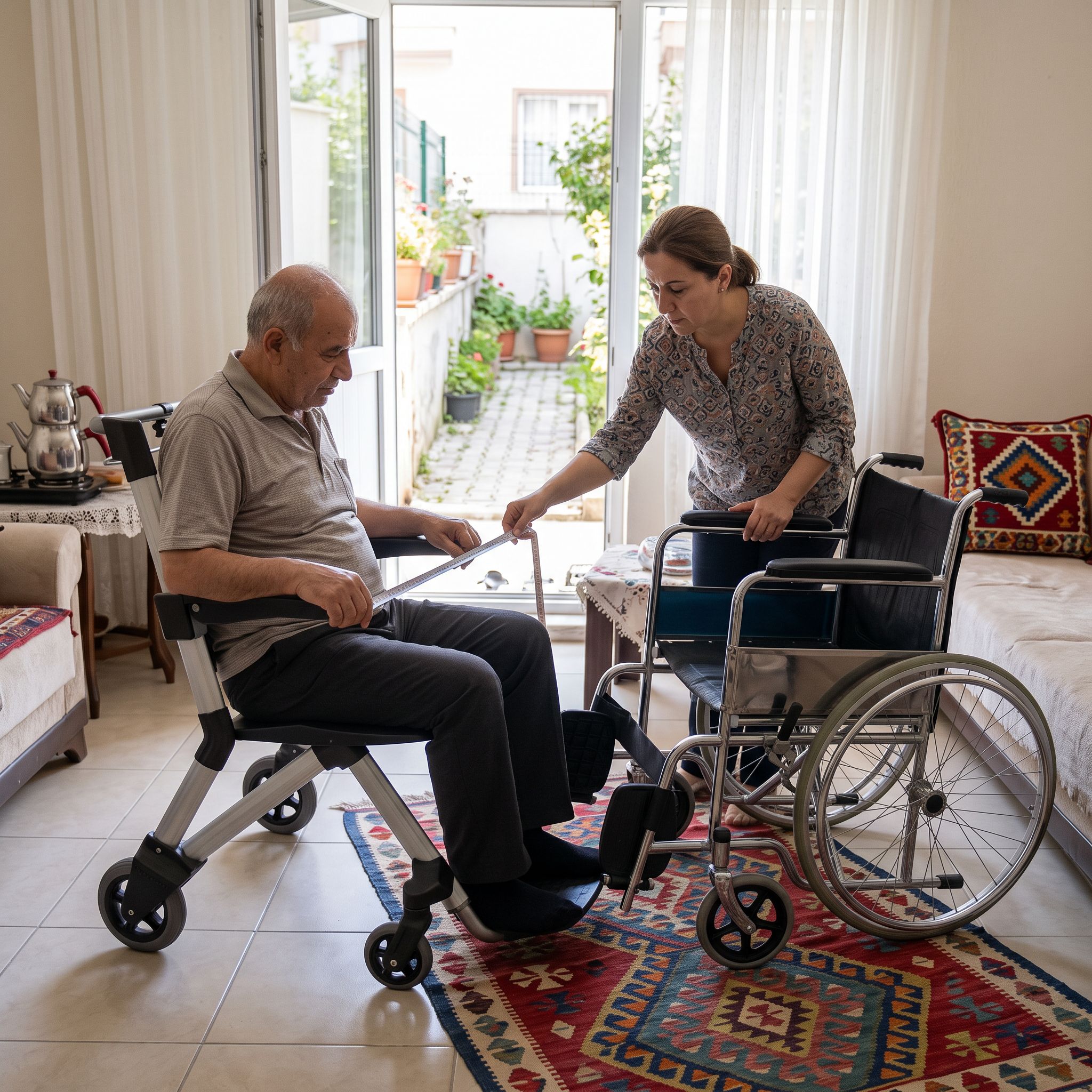 Ev içinde manuel tekerlekli sandalye seçimi yapan iki kişi