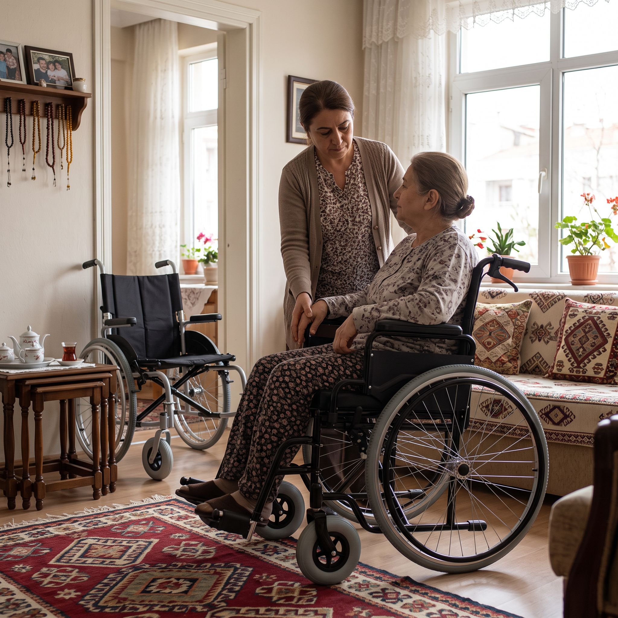 Refakatçili ve kendinden hareketli tekerlekli sandalye kullanımını gösteren gerçekçi bir sahne