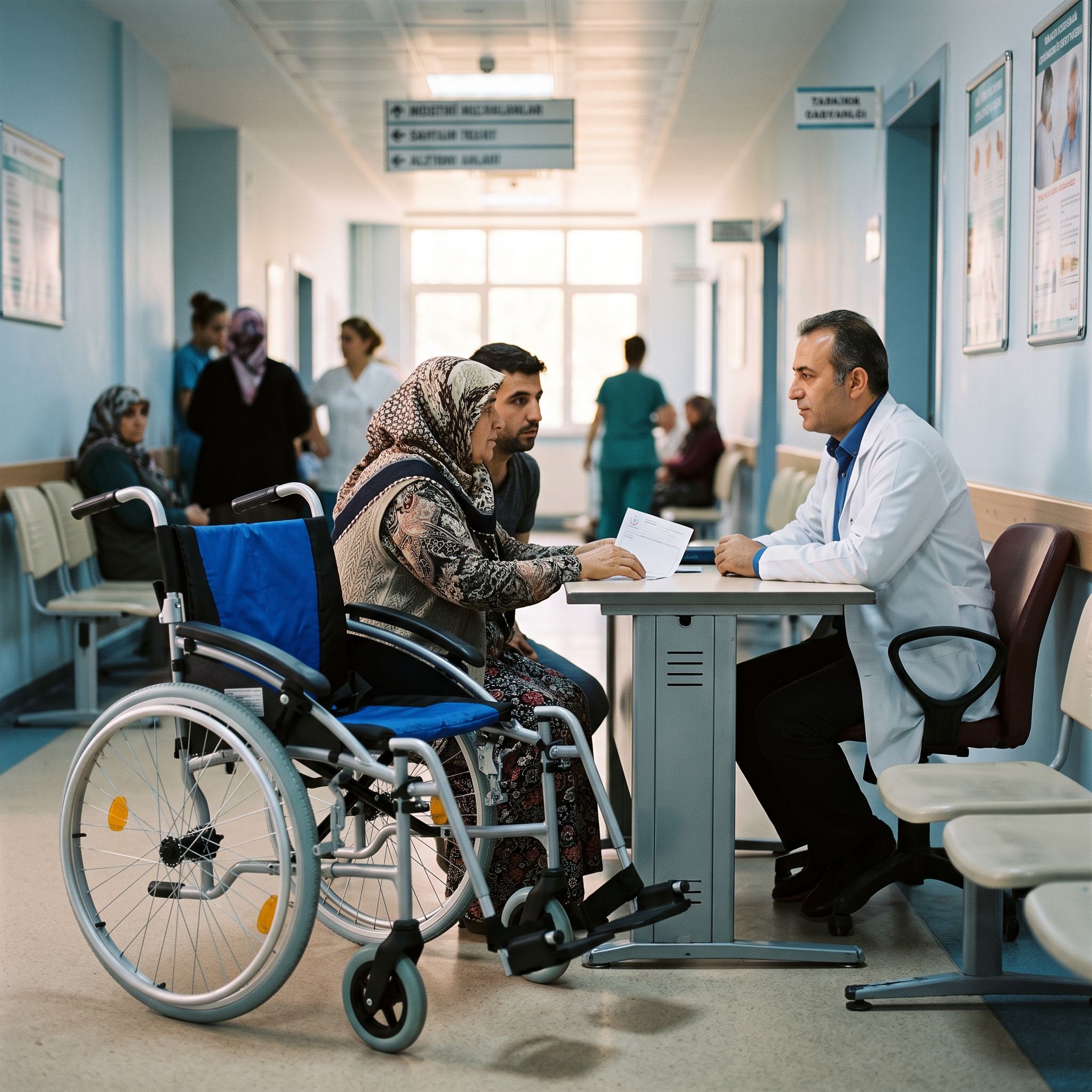 Doktorla SGK tekerlekli sandalye başvurusu için rapor ve reçete görüşmesi yapan hasta ve yakınları