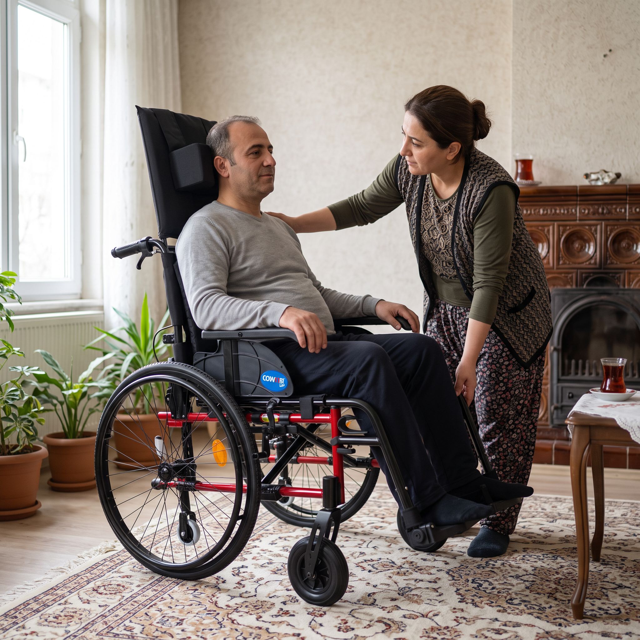 Sırt yatar tekerlekli sandalyede doğru destekle rahat oturan bir kullanıcı