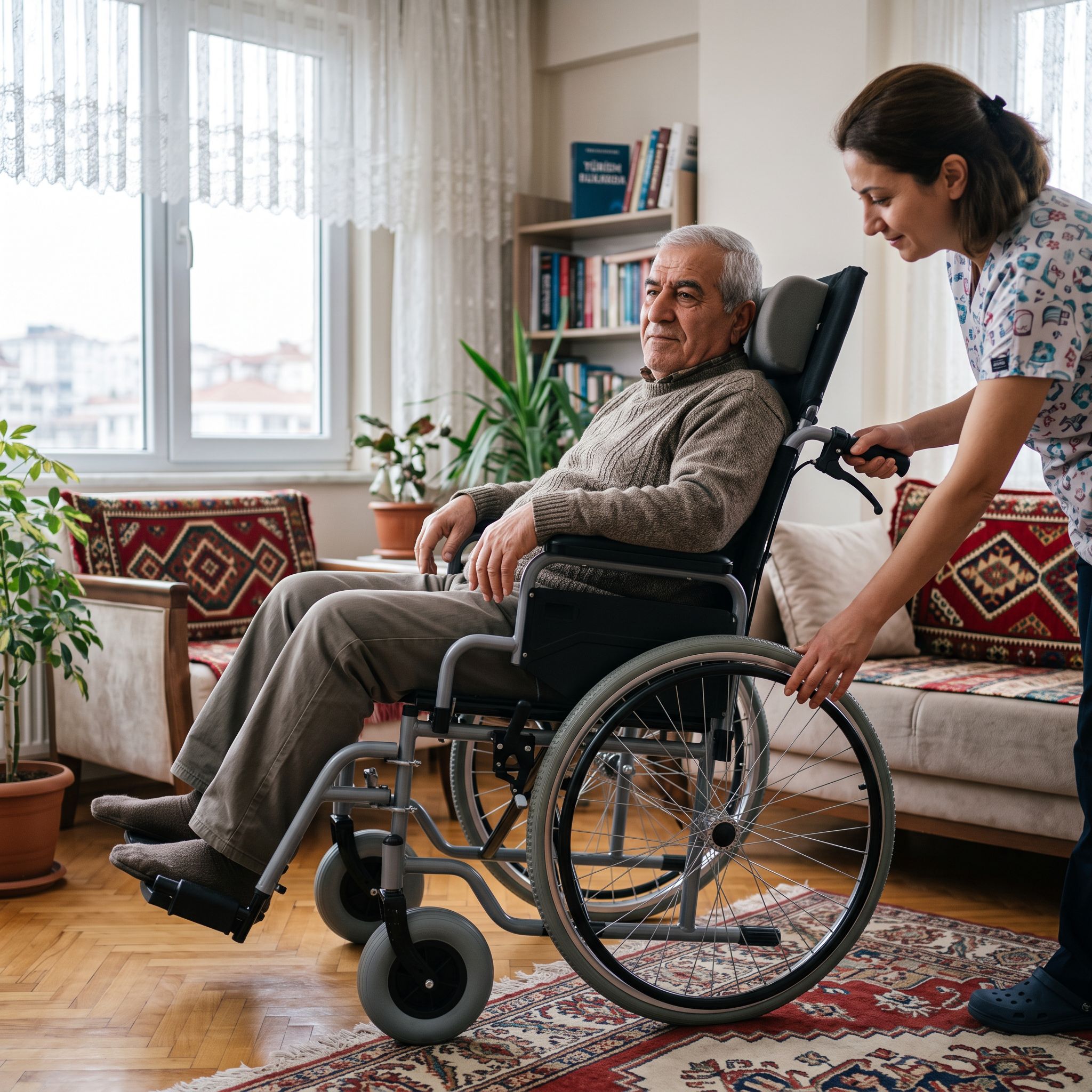 Sırt yatar tekerlekli sandalyede sırt açısı ayarlanırken bakım veren kişi tarafından kontrol edilen gerçek hayat sahnesi