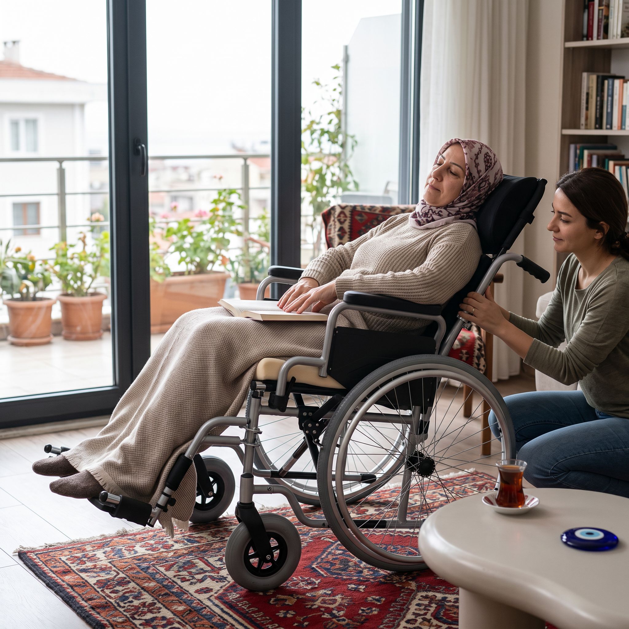 Ev içinde sırtı yatırılmış tekerlekli sandalyede konforlu oturan yetişkin kullanıcı
