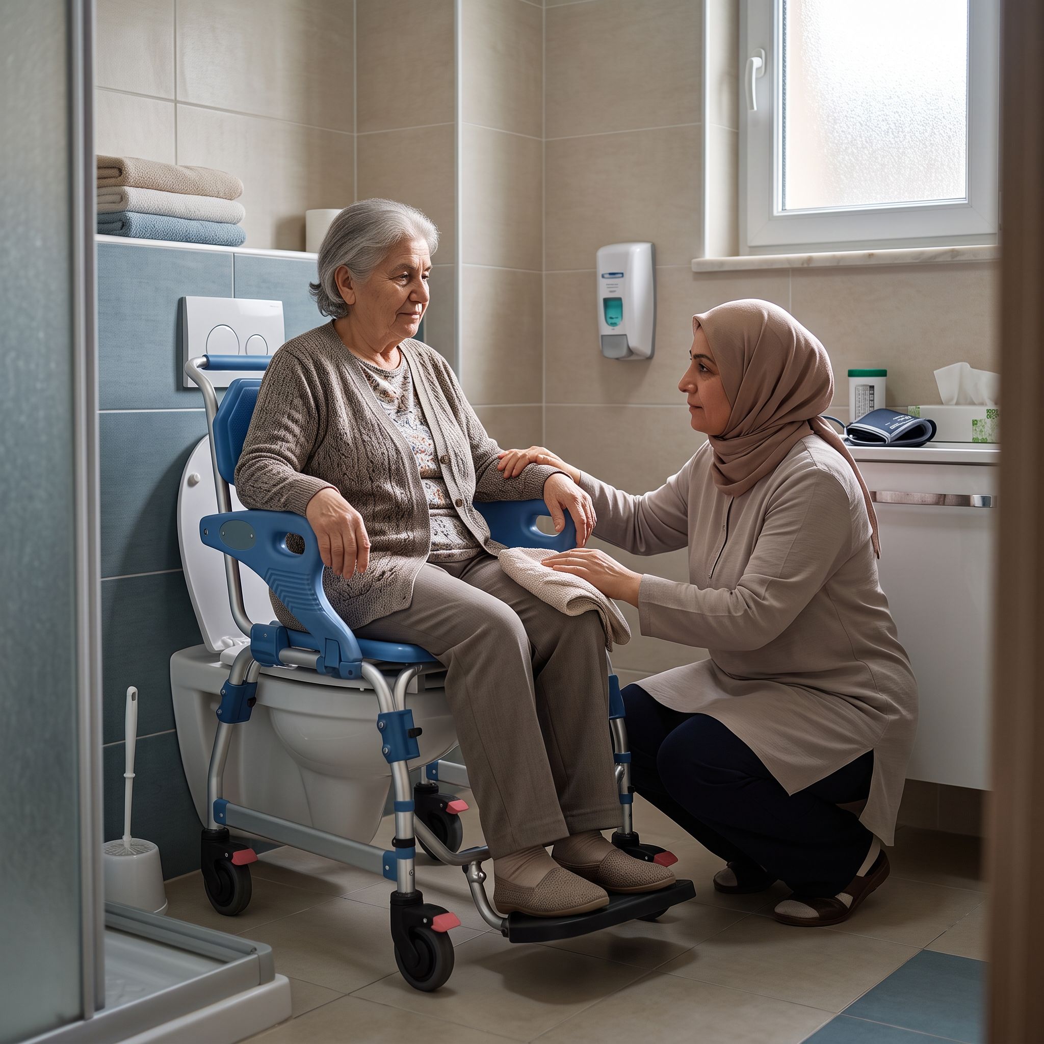 Ev içinde klozet üstünde kullanılan tuvaletli tekerlekli sandalye ve bakım veren kişi