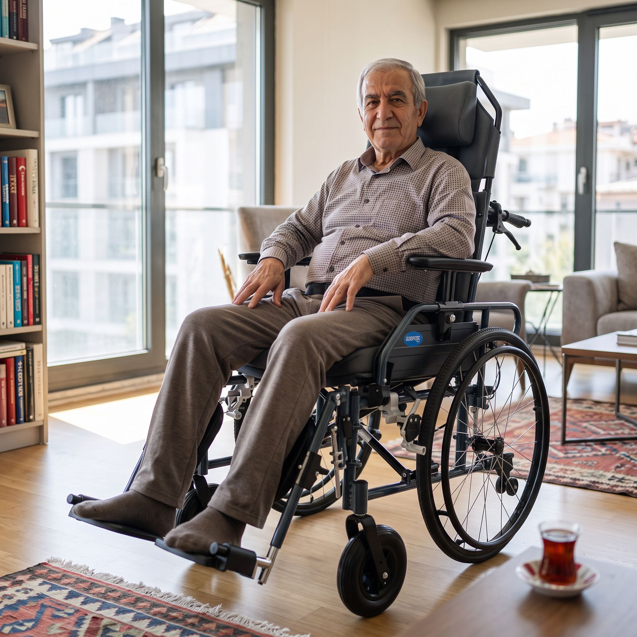 Uzun süre otururken doğru destek sunan tekerlekli sandalye kullanan bir kişi